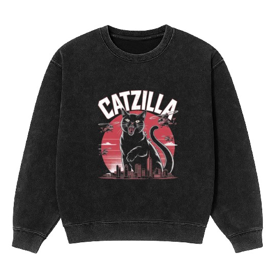 Catzilla Attacks City Design Mineral Wash Sweatshirts