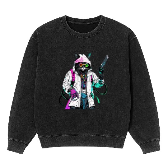Rastafari Cyberpunk Bad Cat Mineral Wash Sweatshirts