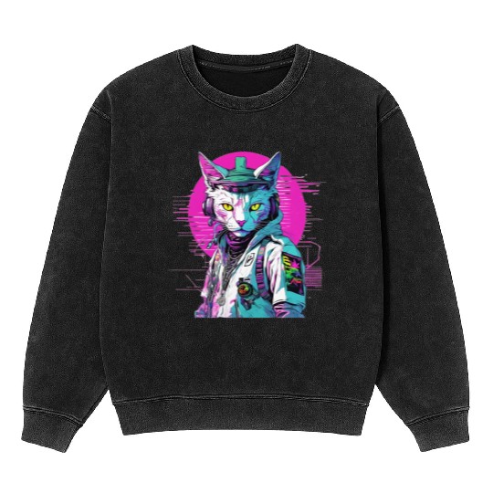 Neon Cyberpunk Warrior Cat Mineral Wash Sweatshirts
