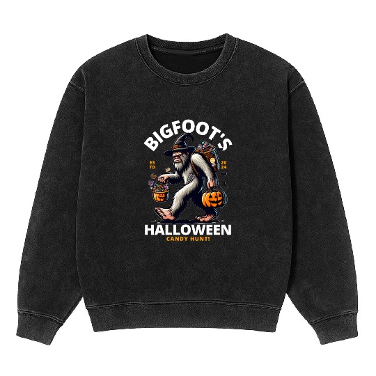 Bigfoot halloween candy hunt Mineral Wash Sweatshirts