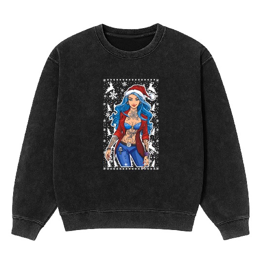 03 Sexy Christmas Woman Blue Hear Deer Tattoos Mineral Wash Sweatshirts