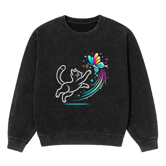 Whimsical Cat Chasing a Colorful Butterfly Mineral Wash Sweatshirts