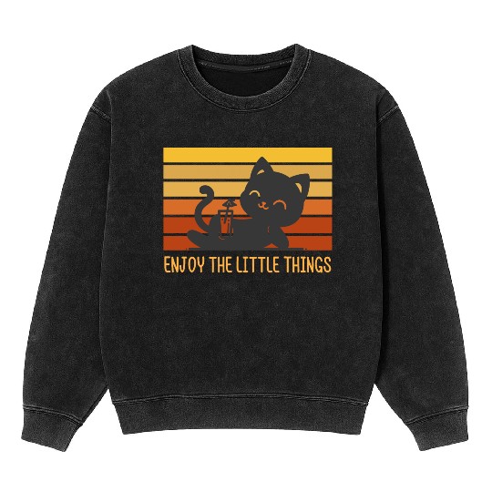 Enjoy The Little Things, Sunset Retro Cat Mineral Wash Sweatshirts