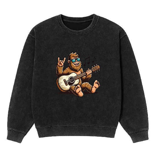 Funny Bigfoot Sasquatch Singing Guitar Playing Mineral Wash Sweatshirts