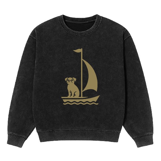 Pug in Boat Silhouette Sailing Minimalist Mineral Wash Sweatshirts