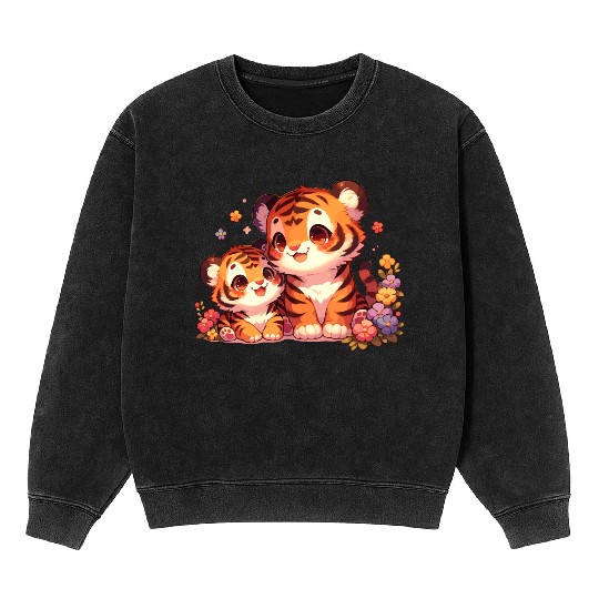 Adorable Tiger Cubs Surrounded By Flowers Mineral Wash Sweatshirts