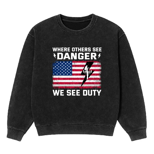 American Flag Lineman Duty Danger Mineral Wash Sweatshirts