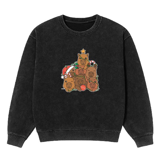Capybara Christmas Tree Funny Animal Christmas Mineral Wash Sweatshirts