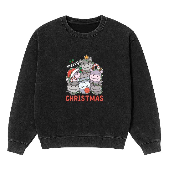 Hippo Christmas Tree Merry Christmas Mineral Wash Sweatshirts