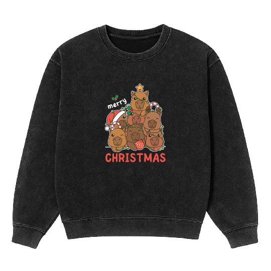 Capybara Christmas Tree Merry Christmas Mineral Wash Sweatshirts