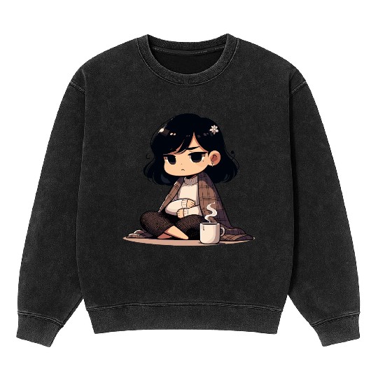 Cozy Anime Character with Coffee Mineral Wash Sweatshirts
