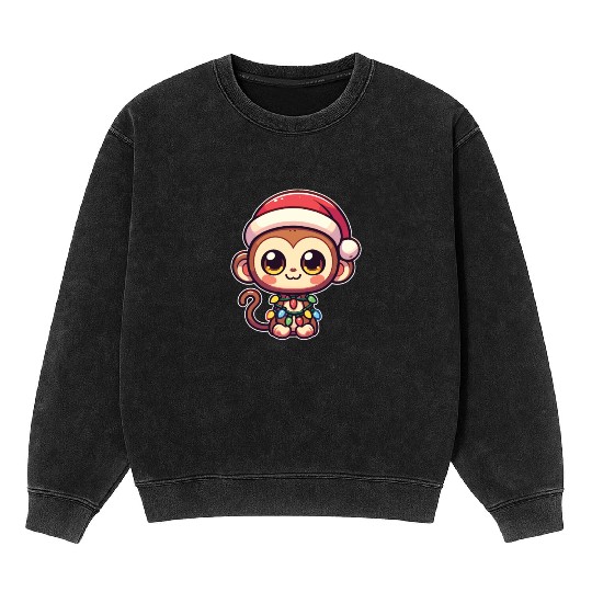 Christmas Hat Christmas Fairy Lights Monkey Mineral Wash Sweatshirts