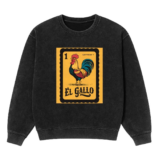 Vintage retro El Gallo Mexican Lottery Card of fan Mineral Wash Sweatshirts