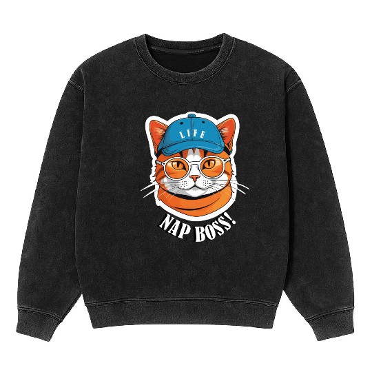 Cat Nap Boss with Cap and Sunglasses Mineral Wash Sweatshirts