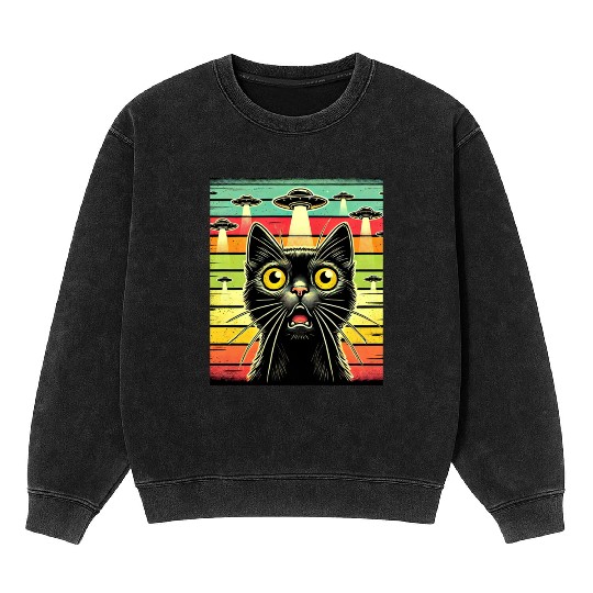Fun Cat sunset Galaxy Cat Spaceship Alien Cat UFOs Mineral Wash Sweatshirts