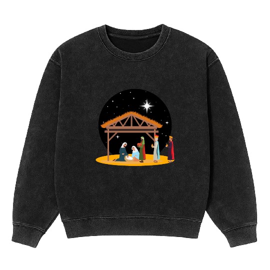Christmas Holiday Manger Nativity Scene Mineral Wash Sweatshirts