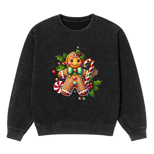 Happy gingerbread man with candy cane Mineral Wash Sweatshirts