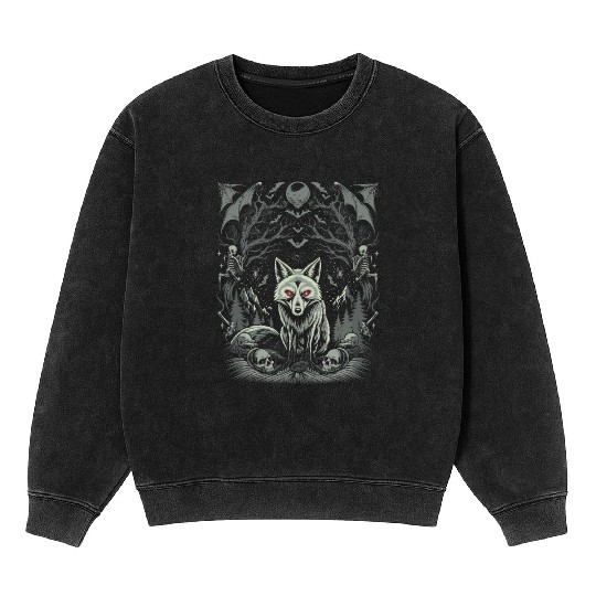 Dark Cottagecore Mystic Wolf Amidst Gothic Forest Mineral Wash Sweatshirts