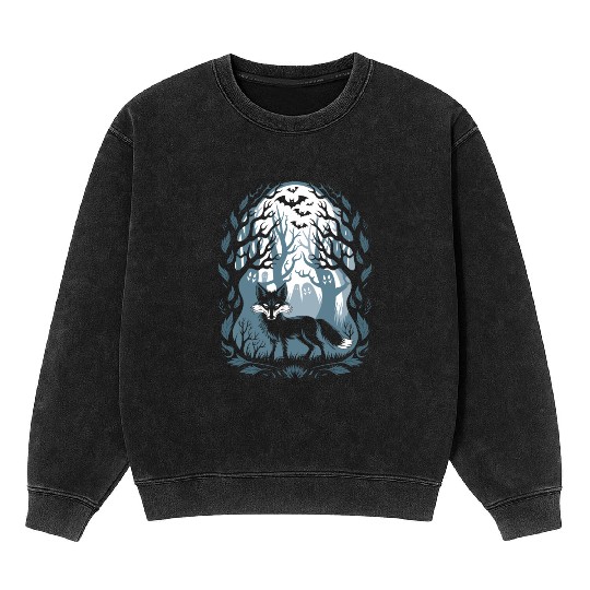 Dark Cottagecore Forest with Fox and Ghosts Mineral Wash Sweatshirts