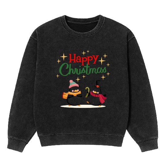 Cute cartoon penguins celebrating Christmas Mineral Wash Sweatshirts