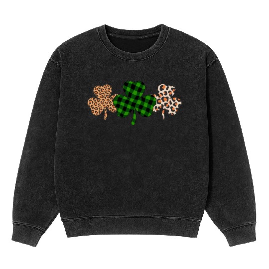 St Patricks Day Lucky Irish Green Plaid Shamrock Mineral Wash Sweatshirts