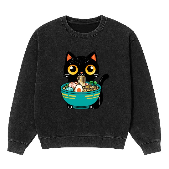 Funny Cat Eating Ramen Japanese Cat Ramen Noodles Mineral Wash Sweatshirts