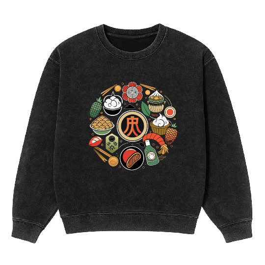 Japanese Cuisine Circle Retro Design Mineral Wash Sweatshirts