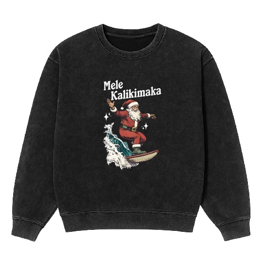 Mele Kalikimaka Hawaiian Christmas Surfing Santa Mineral Wash Sweatshirts