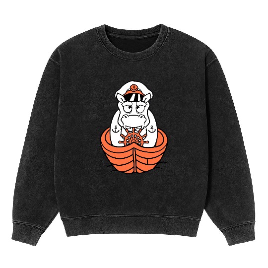 Funny Hippo Old Captain Sails Cute Cartoon Comic Mineral Wash Sweatshirts