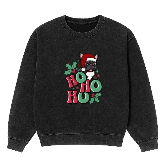 HO HO HO French Bulldog Holly Leaf Funny Mineral Wash Sweatshirts