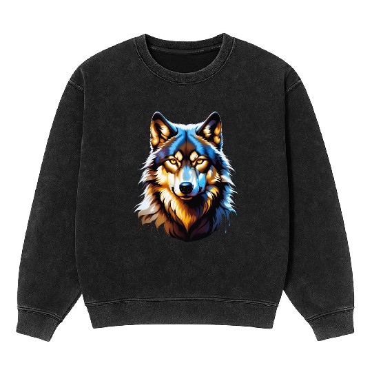 Isolated Lone Wolf Head Ink Design Mineral Wash Sweatshirts