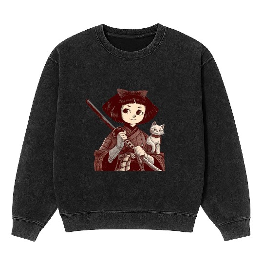 Chibi Samurai Warrior Cat Companion & Blossoms Mineral Wash Sweatshirts