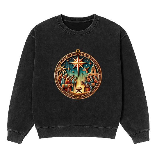 Christmas Nativity Scene Wooden Ornament Mineral Wash Sweatshirts
