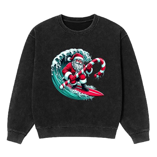 Santa Surfing Candy Cane Wave - Christmas Gifts Mineral Wash Sweatshirts