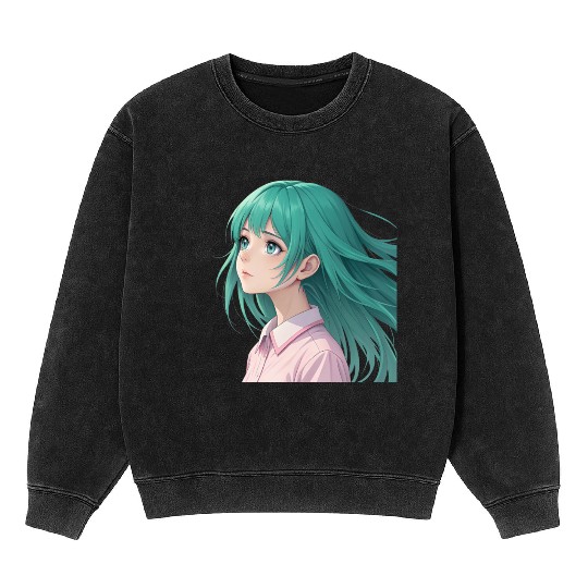 Teal Tresses: A Vision of Anime Serenity and Wonde Mineral Wash Sweatshirts