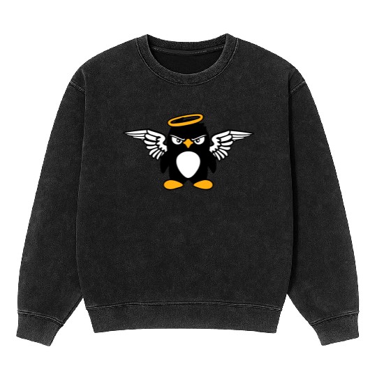 Evil Penguin Angel Wings Halo Holy Heaven Bad Mood Mineral Wash Sweatshirts