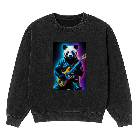Panda playing guitar neon art Mineral Wash Sweatshirts