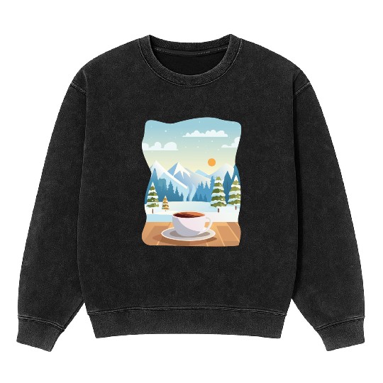 Coffee Cup and Winter Mountain View Mineral Wash Sweatshirts