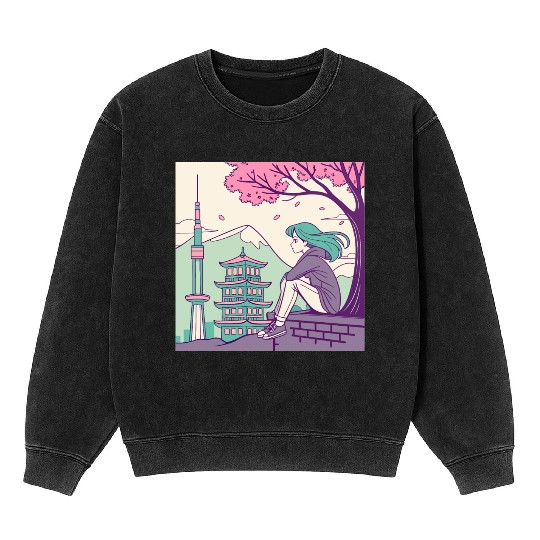 "Peaceful Anime Vibes: Girl Relaxing with Sakura Mineral Wash Sweatshirts