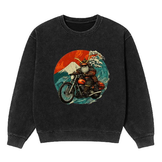 Samurai Riding Motorcycle Vintage Art, Unique Mineral Wash Sweatshirts