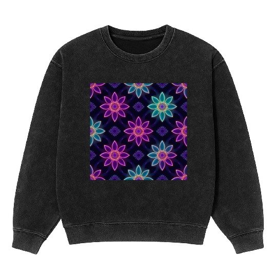 Seamless Colorful Neon Floral Pattern Mineral Wash Sweatshirts