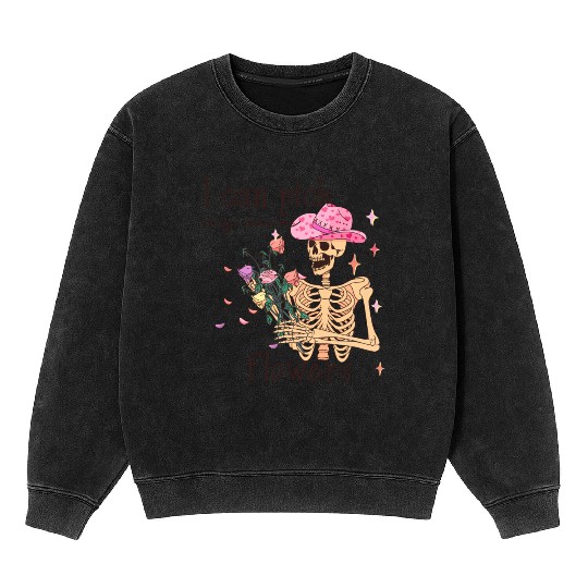 Funny Cowboy Skeleton with Flowers Mineral Wash Sweatshirts