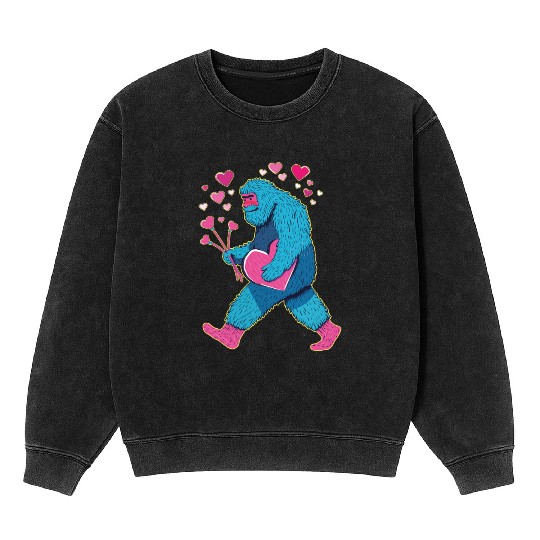 Bigfoot Heart Valentine's Day Boys Girls Kids Lov Mineral Wash Sweatshirts