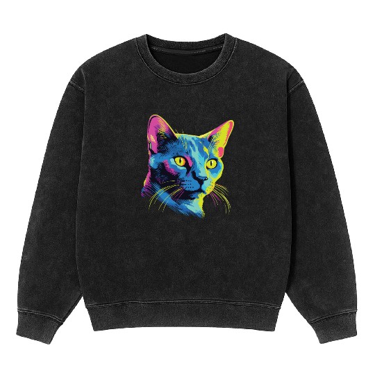 Cat Watercolor Colorful Russian Blue Mineral Wash Sweatshirts