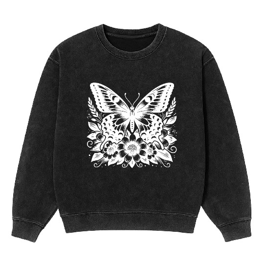 Elegant Natural Butterfly Design With Flowers Mineral Wash Sweatshirts