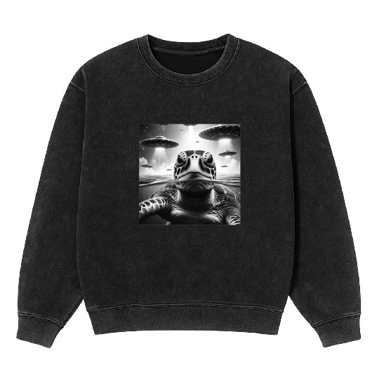 Sea Turtle Funny Graphic Selfie with UFOs Weird A Mineral Wash Sweatshirts