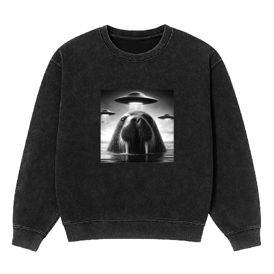 Walrus Sea lion Funny Graphic Selfie with UFOs Wei Mineral Wash Sweatshirts