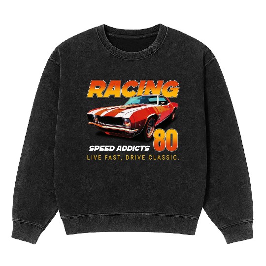 Racing Classic Car Graphic Mineral Wash Sweatshirts, Retro Muscle Car