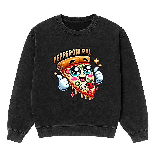 Pepperoni Pal Pizza Design | Kawaii Food Art Mineral Wash Sweatshirts
