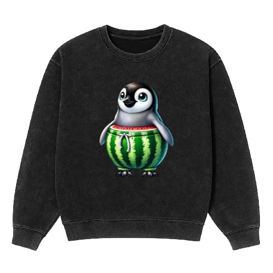 Funny penguin with watermelon fruity whimsical Mineral Wash Sweatshirts